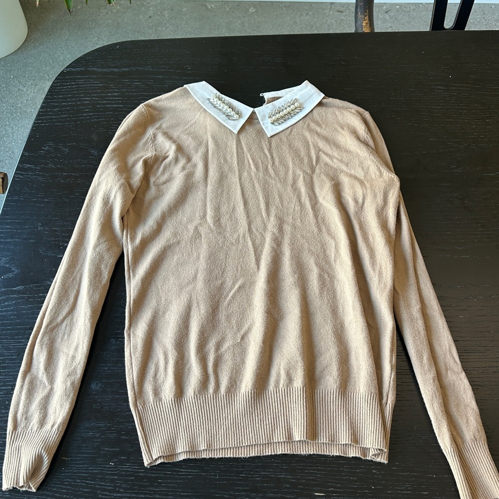 Beige Sweater with White Collar